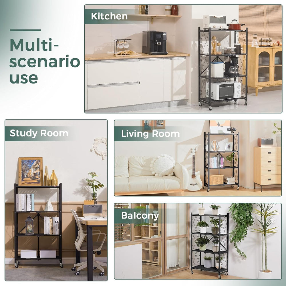 DEANIC 4 Tier Foldable Storage Shelves with Wheels, Large Capacity Shelving U...
