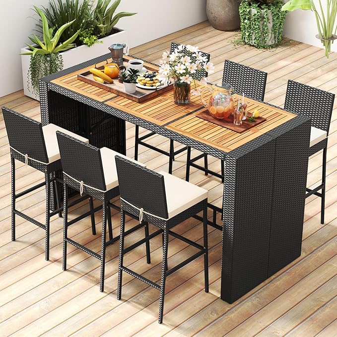 Tangkula 7 Piece Patio Wicker Bar Set, Patiojoy Outdoor Acacia Wood Bar Heigh...