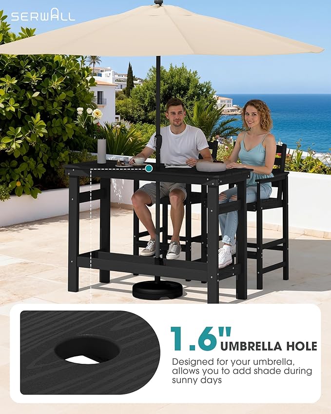 SERWALL 41" Outdoor Bar Table with 1.6" Umbrella Hole, HDPE Patio B...