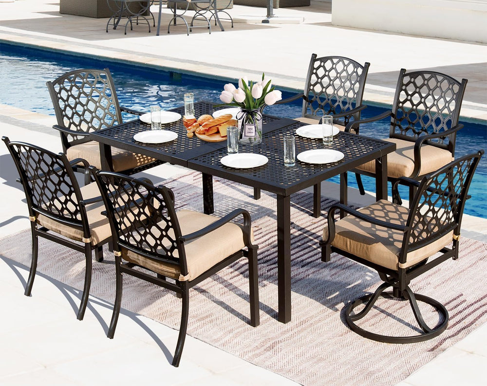 Domi Outdoor 7 pcs Patio Dining Set, Metal Dining Table, Swivel and Dining Ch...