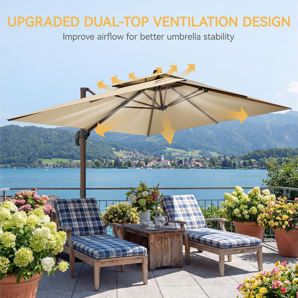 10x13' Wood Pattern Cantilever Patio Umbrella with Base, Beige