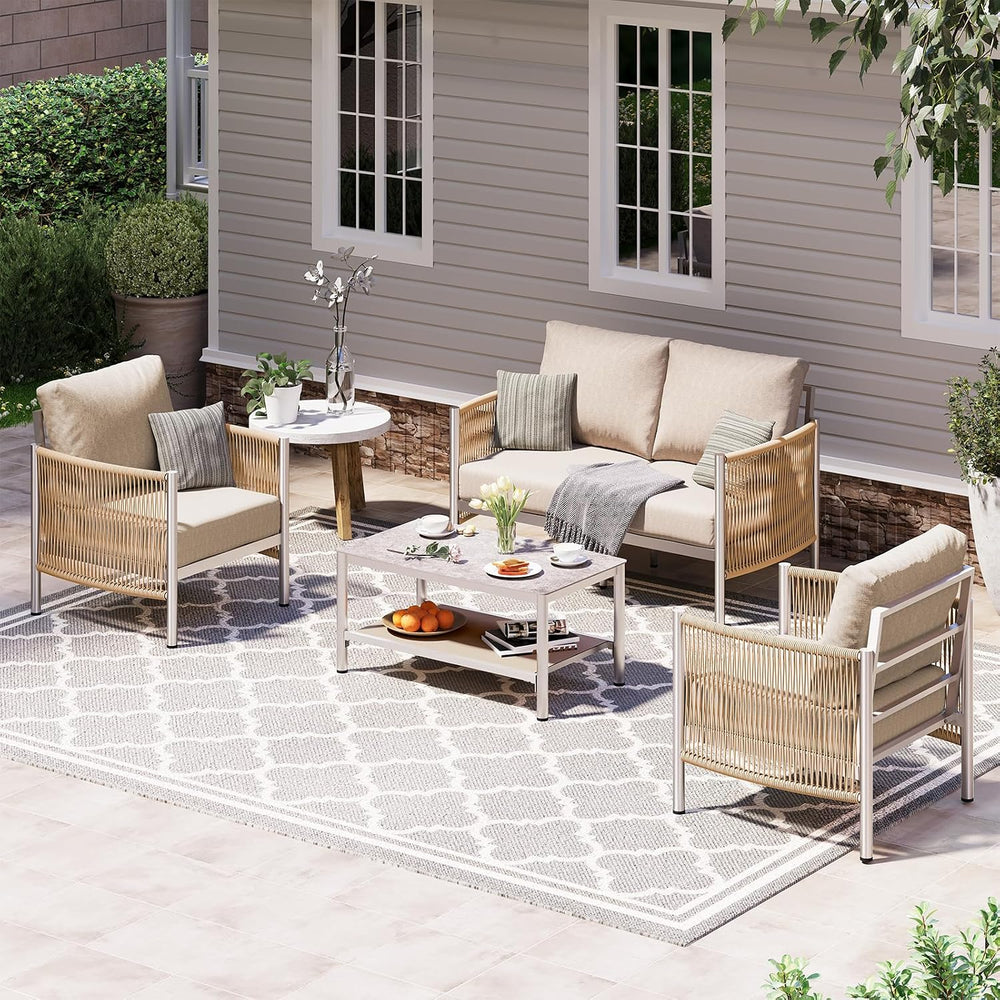 Aluminum Outdoor Patio Furniture Set with Dual-Layer Coffee Table, 4 Piece Mo...