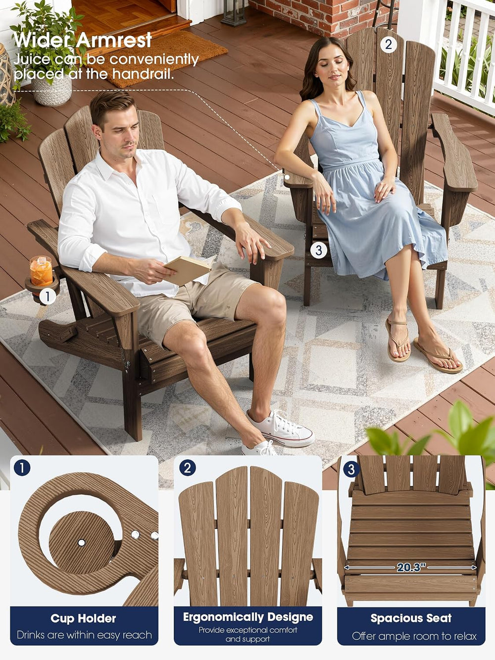 KINGYES Folding Adirondack Chair Set of 2 with Cup Holder, Brown