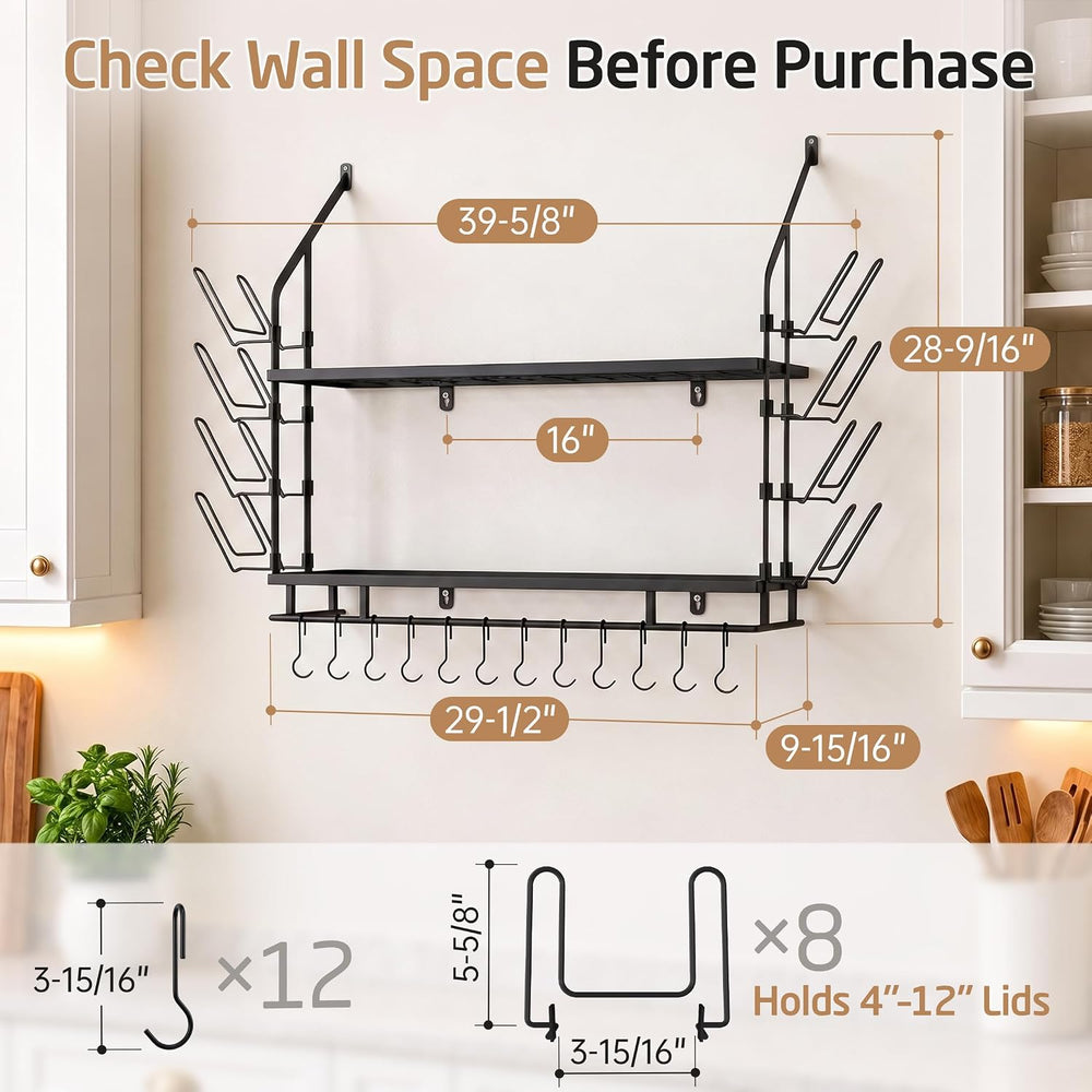 KES 30-Inch Pot Rack Wall Mounted, 8 Secure Lid Holders & 12 Sturdy Hooks