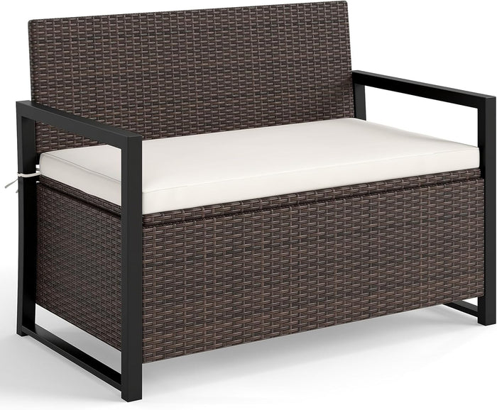 RELAX4LIFE Wicker Rattan Outdoor Storage Loveseat Bench Mix Brown Off White