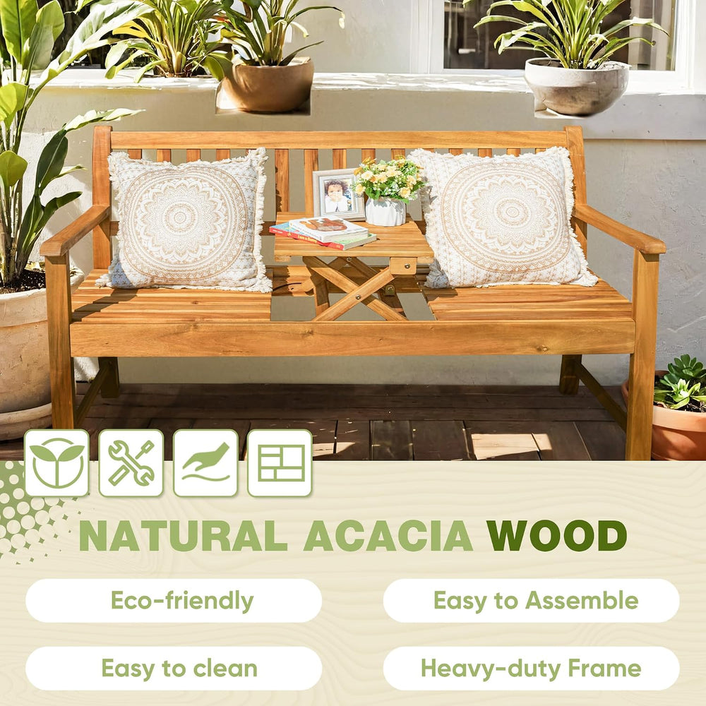 Greesum Patio Loveseat Acacia Furniture Conversation Set w/Foldable Small Tab...