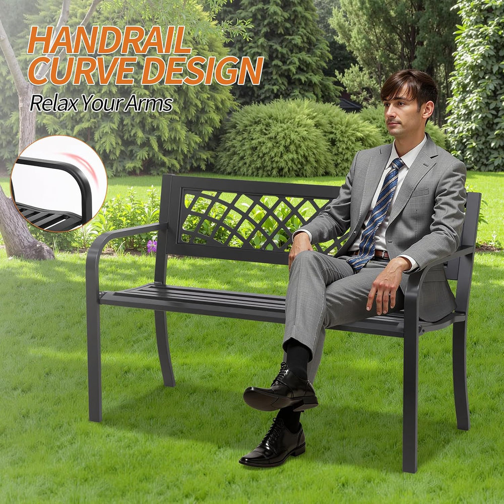 Outdoor Bench,Patio Garden Benches,Metal Weatherproof Porch Bench with Grid-P...