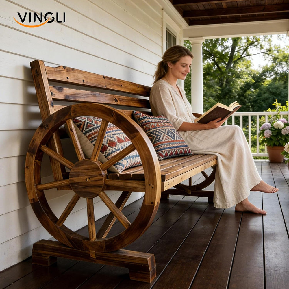 VINGLI Rustic Wooden Wheel Bench Outdoor Bench, Patio Bench Wagon Slatted Sea...