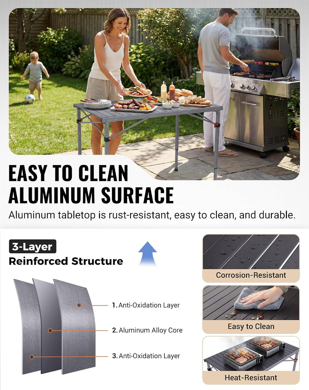 KingCamp 265lbs Adjustable Camping Table Foldable, Aluminum Camp Table