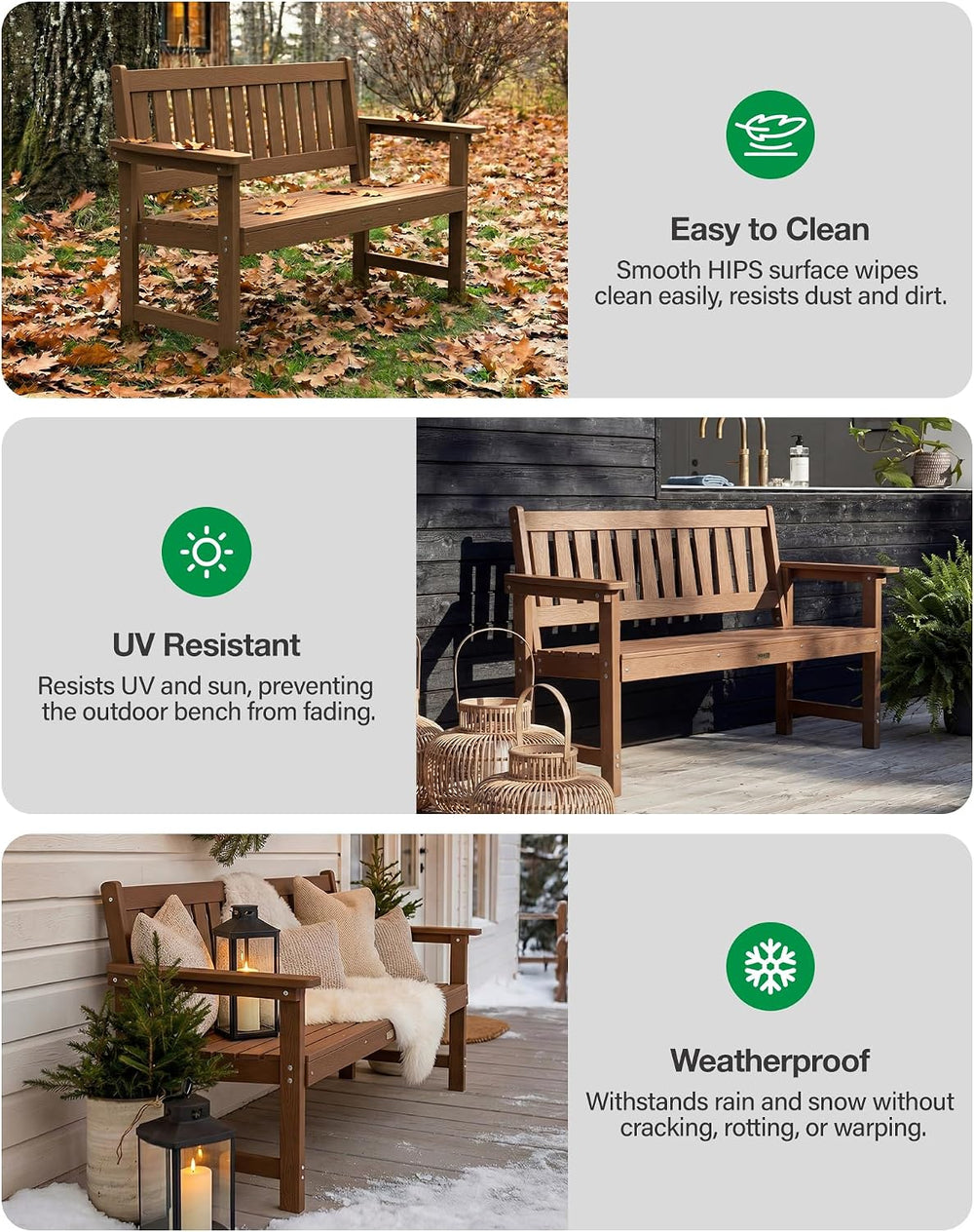 YEFU Outdoor Bench, 2-Person, Garden Bench, All-Weather, Teak