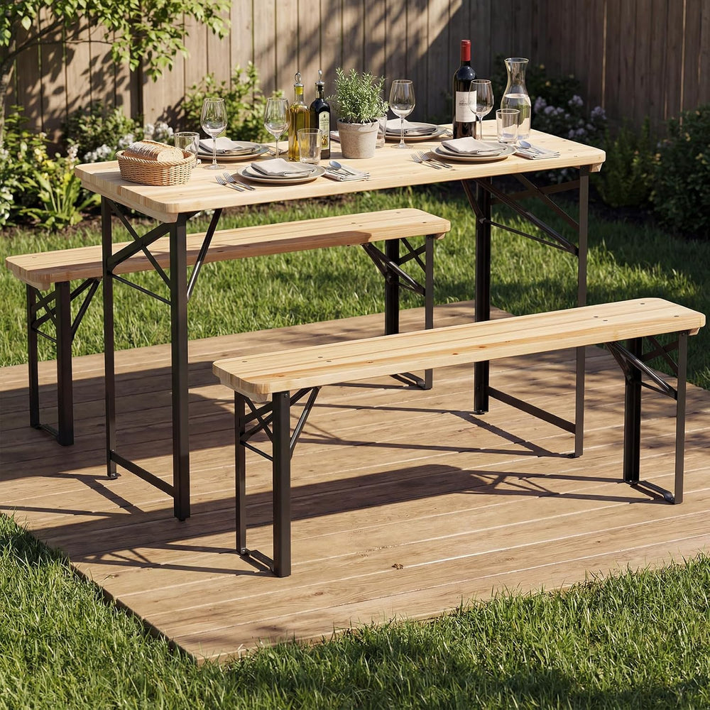 Tangkula 3 Piece Folding Picnic Table with 2 Benches, Foldable Wood Picnic Ta...