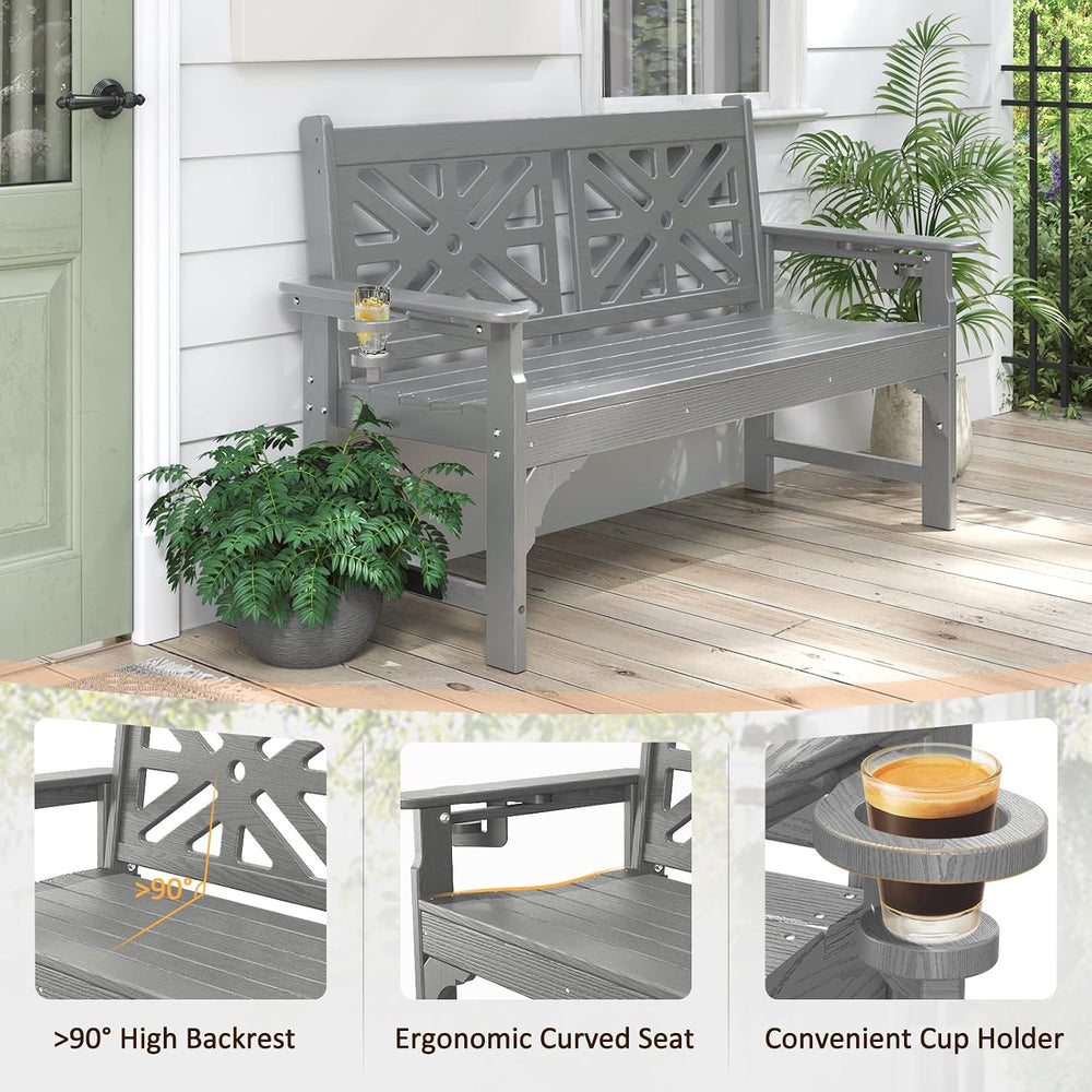 nalone Outdoor Bench with Cup Holders, HDPE Porch Bench Fade Proof (Grey)