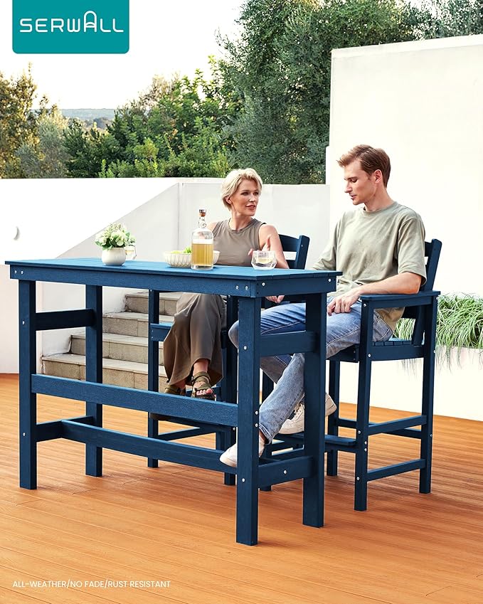 SERWALL Outdoor Bar Table and Chairs Set, Adirondack Bar Chairs Set of 2 and ...