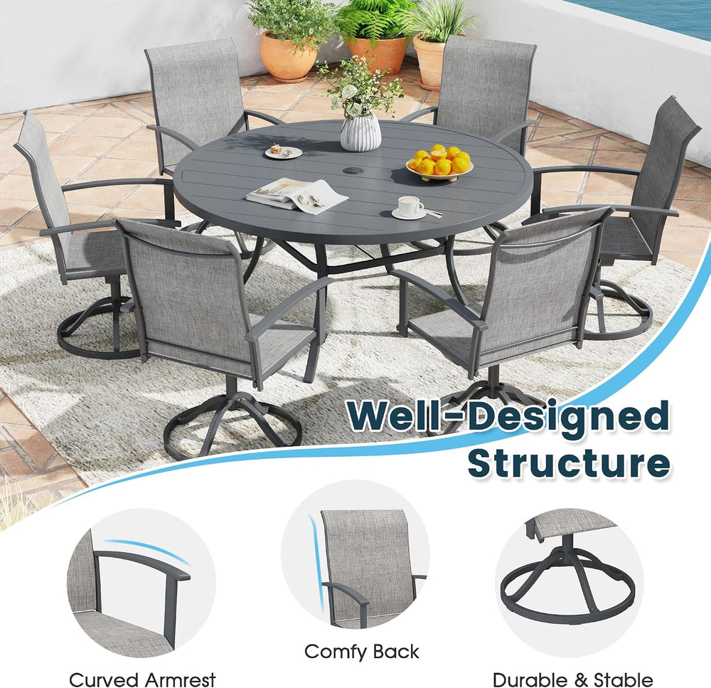9PCS Outdoor Dining Set, 60" Round Table and 8 Swivel Chairs, Grey
