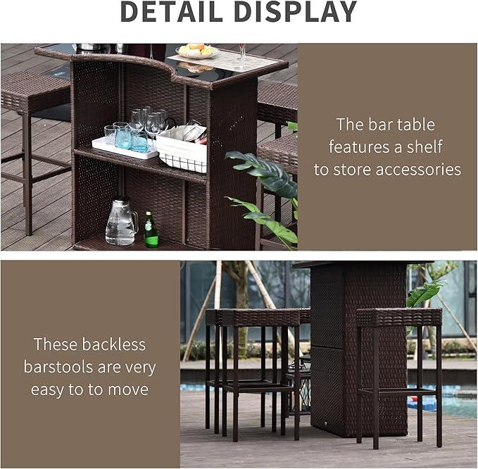 Outsunny 5 Pcs Rattan Wicker Bar Set, High Top Outdoor Table and Chairs, Bar ...