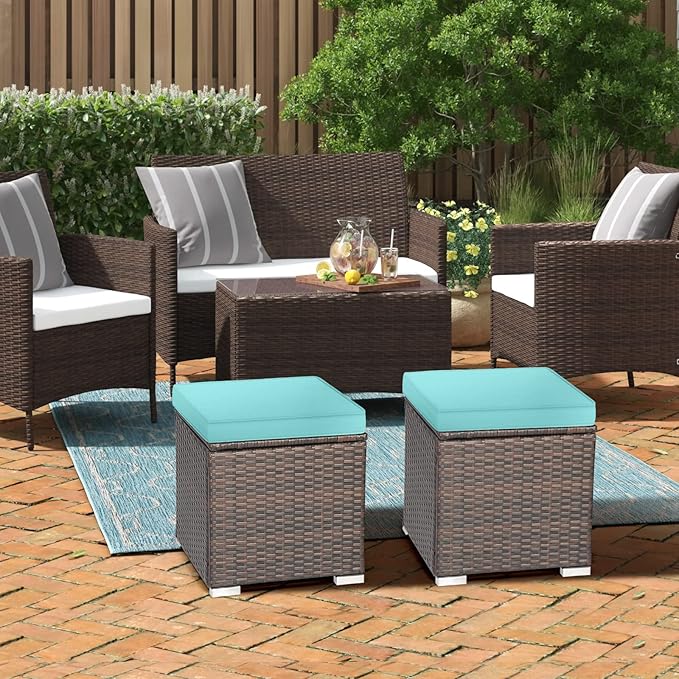 RELAX4LIFE Wicker Outdoor Storage Ottoman, 2-Piece Rattan Footstool w/Removab...