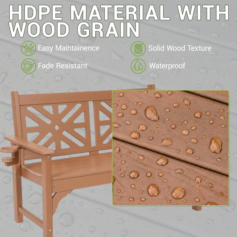 Outdoor Bench with Cup Holders, HDPE All Weather Waterproof 2-Person Garden B...