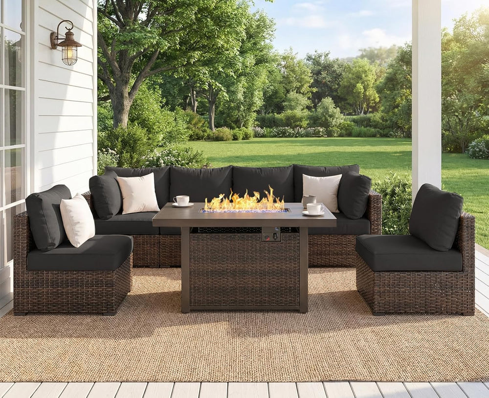 7 Piece Outdoor Patio Furniture Set with 42" Fire Pit, Wicker Furniture ...