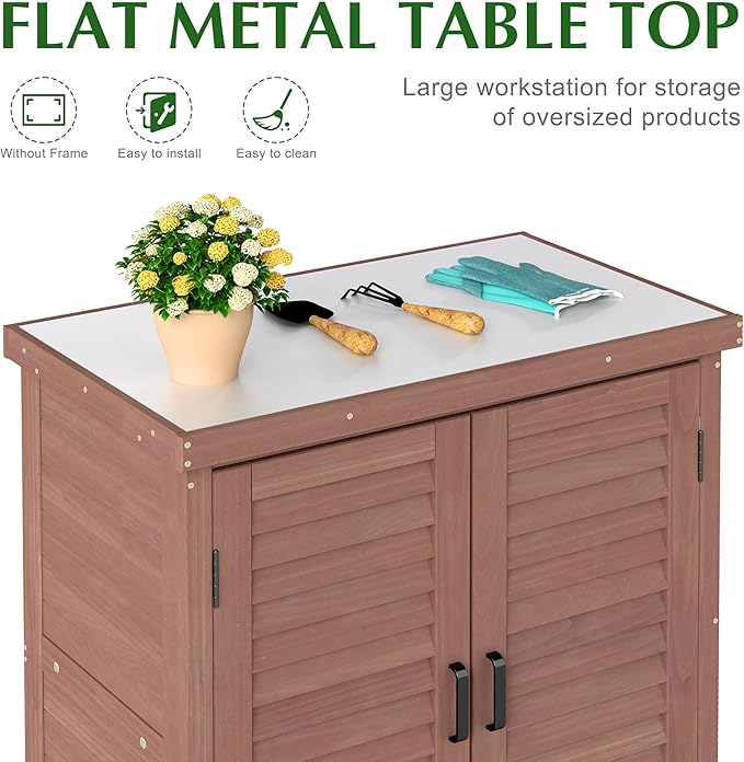 Outdoor Storage Cabinet & Potting Bench Table with Metal Top, Wooden Pati...