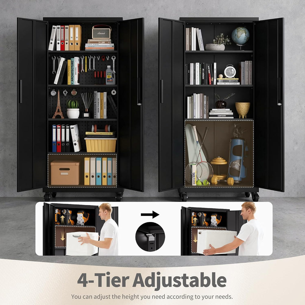73" H Metal Cabinet with Wheels, Lockable Storage Cabinet, Black