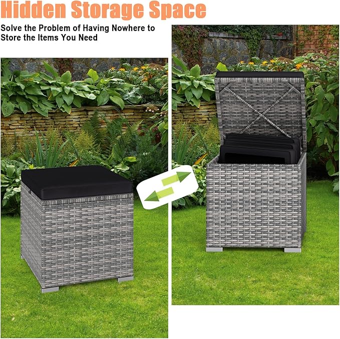 RELAX4LIFE Wicker Outdoor Storage Ottoman - 2-Piece Rattan Footstool w/Remova...