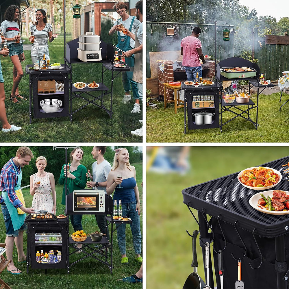 Nice C Camping Kitchen Table Station, Portable Folding Grill Table (Black)