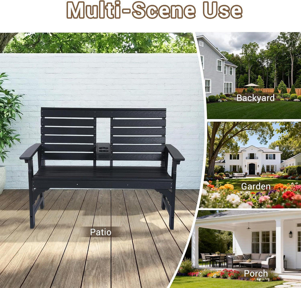Outdoor Bench with Cup Holders, HDPE 2-Person Weatherproof Patio Benches, Fad...