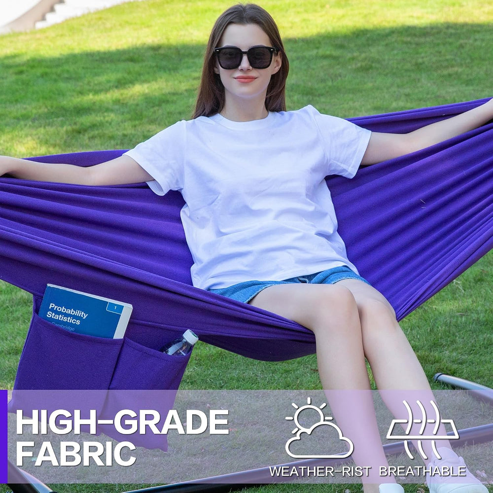 Double Hammock with Stand for Outside, Heavy-Duty, Portable (Purple)