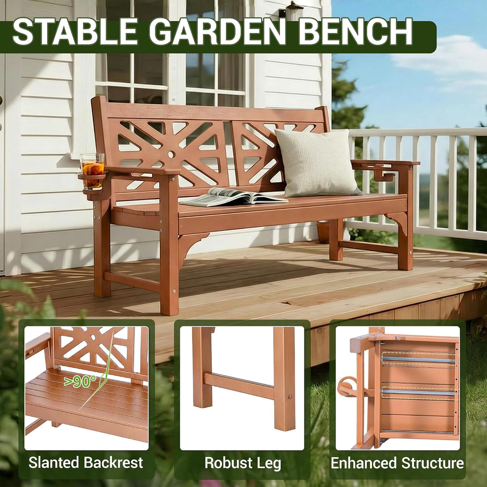 Outdoor Bench with Cup Holders, HDPE All Weather Waterproof 2-Person Garden B...