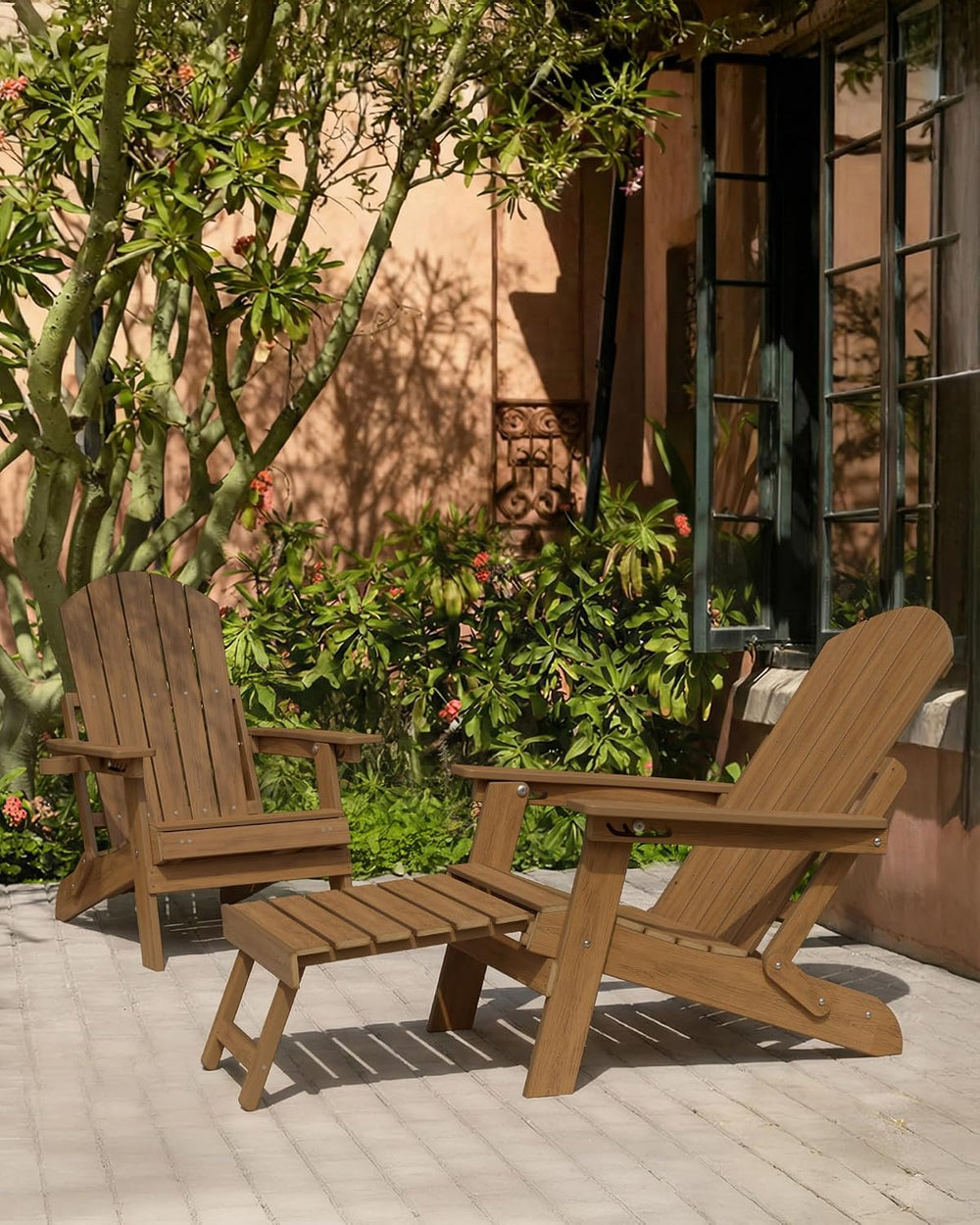 YEFU Adjustable Adirondack Chair with Footrest,All-Weather, Set of 2,Walnut
