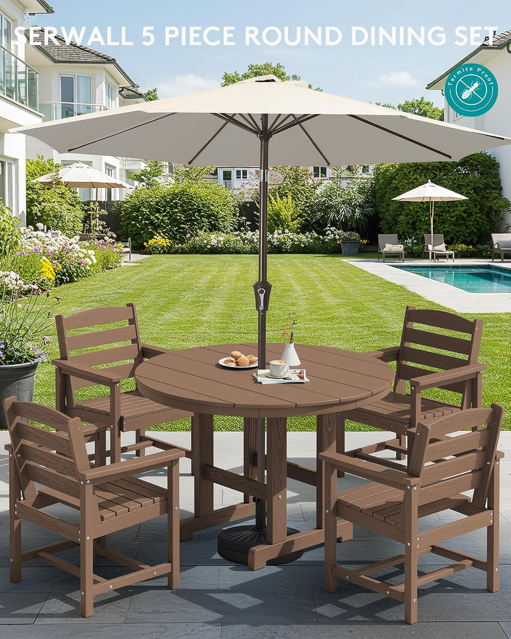 SERWALL 6-Pc Dining Set, 45" Table, 4 Chairs&9FT Umbrella, Brown (No...
