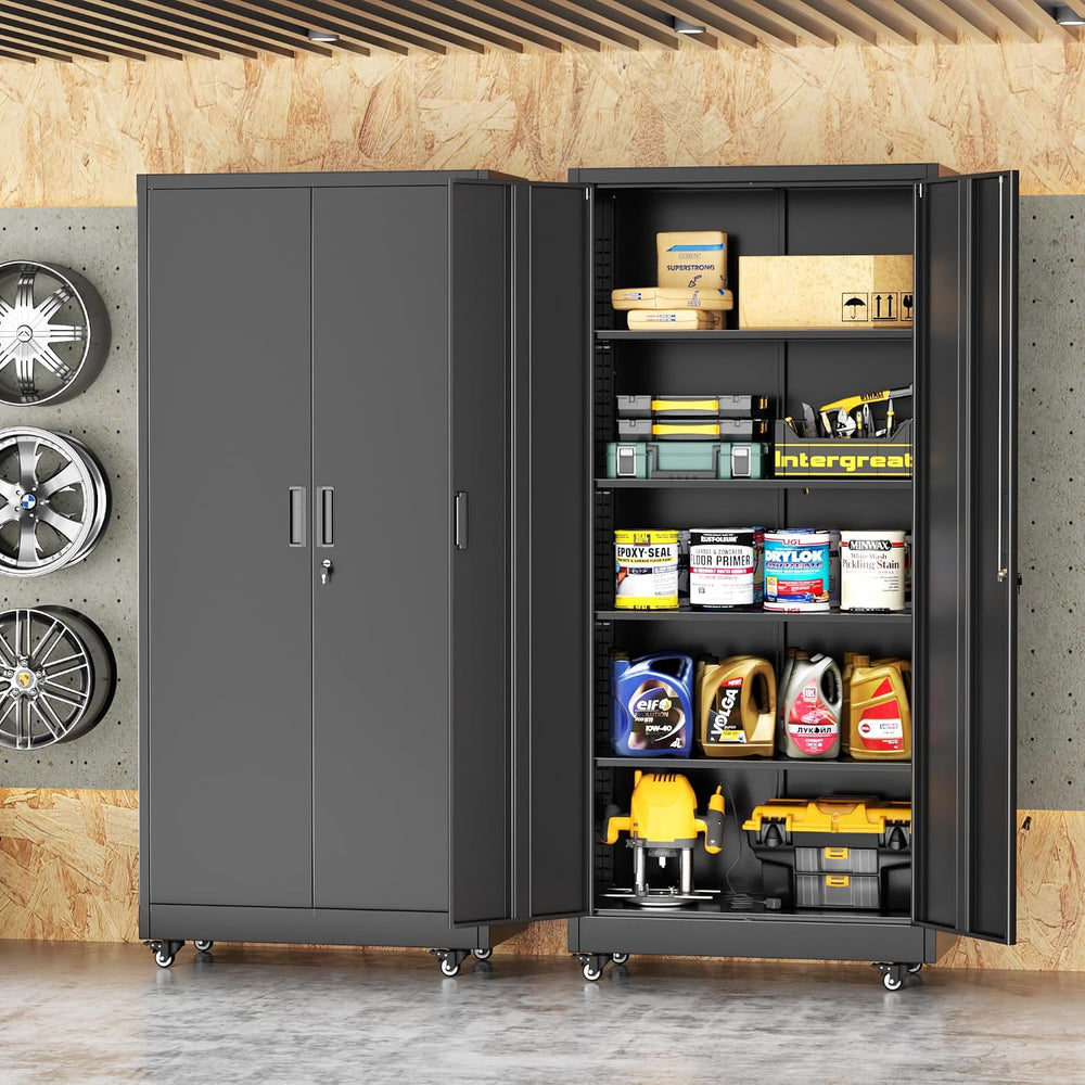Garage Cabinets with Wheels, 73" H Metal Locking Cabinet with 2 Doors an...