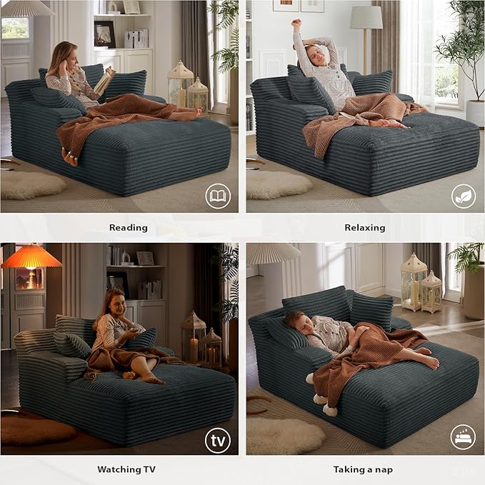 50 Inch Chaise Lounge Chair Indoor, Oversized Corduroy Upholstered Boneless S...