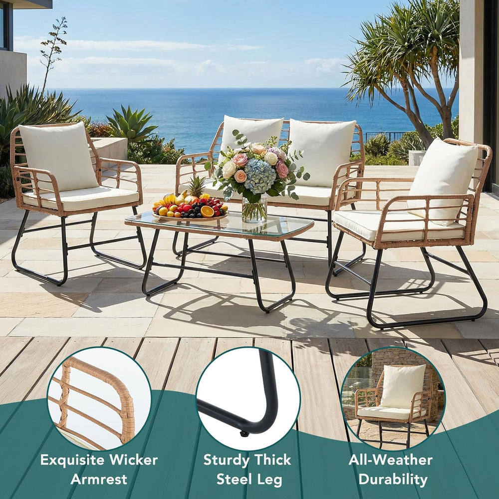 DUMOS Outdoor 4 Piece Outdoor Patio Furniture Set, Wicker Patio Set