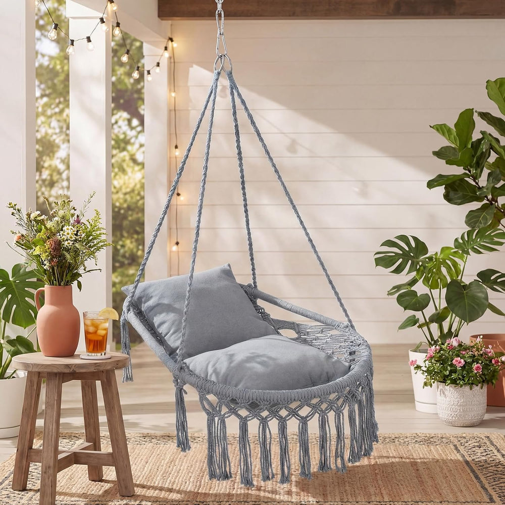 Happygrill Macrame Swing Chair with 2 Removable Cushions