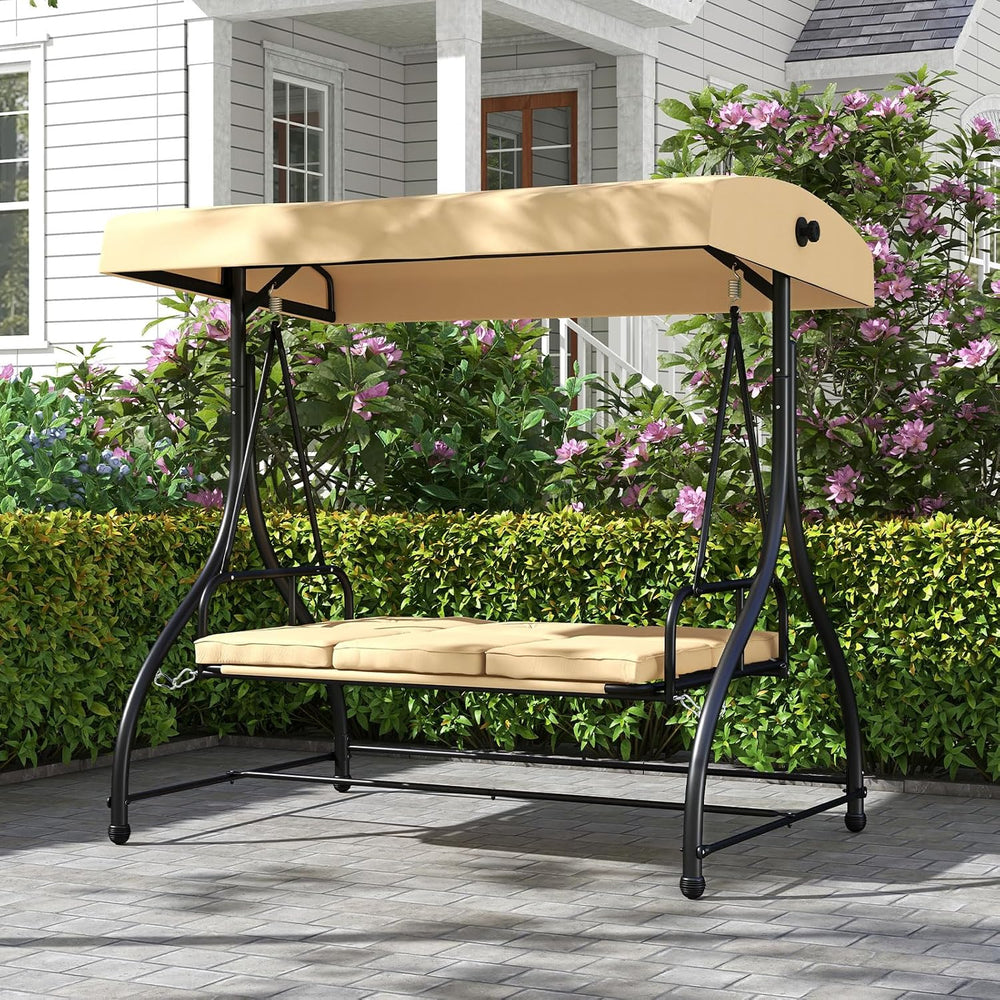 HAPPYGRILL 3 Seat Outdoor Porch Swing with Adjustable Canopy & Foot Pad