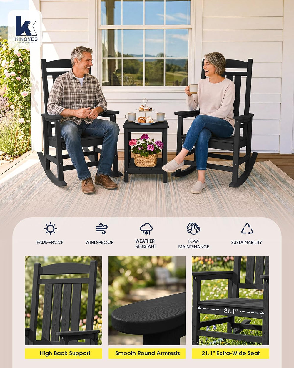 KINGYES Oversized Outdoor Rocking Chair for Adults, Porch Rockers, Black