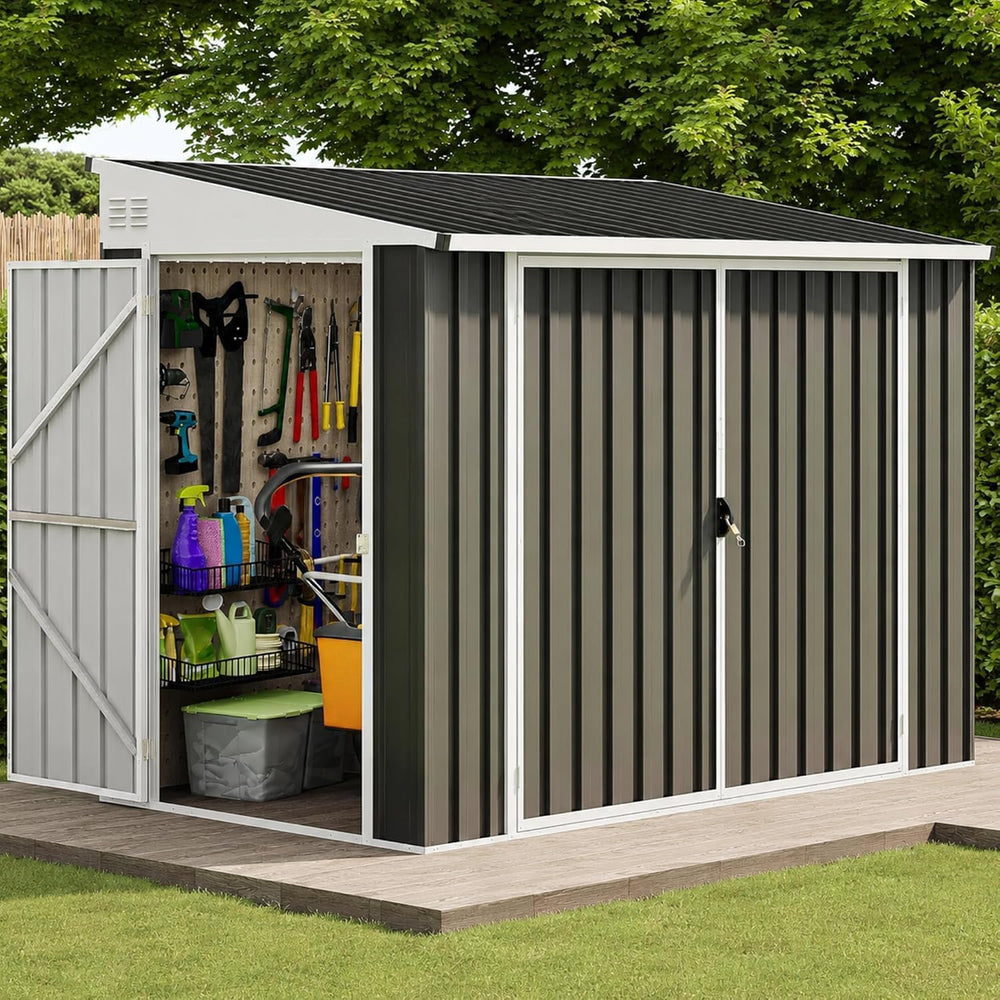 DWVO 7x4 FT 3-Door Storage Shed, Lockable Metal for Bike - Dark Gray