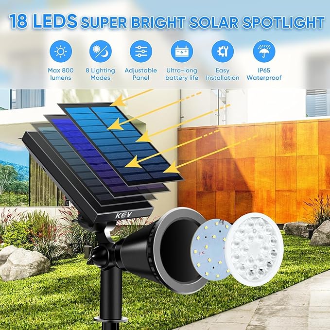 KEV Solar Spot Lights Outdoor,18 LEDs Color Changing RGB Solar Flood Lights w...