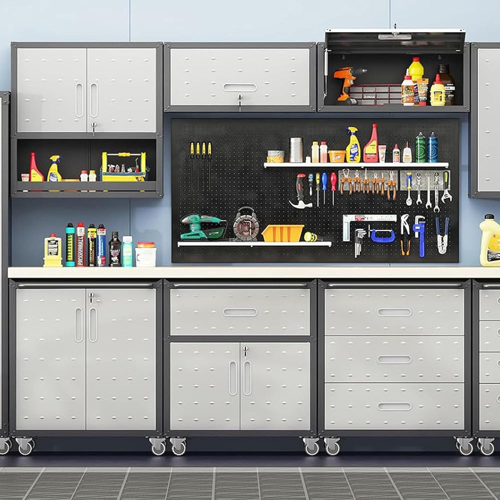 Garage Storage Cabinet System 7pcs Heavy Duty Workshop Set Wall Cabinet Locka...