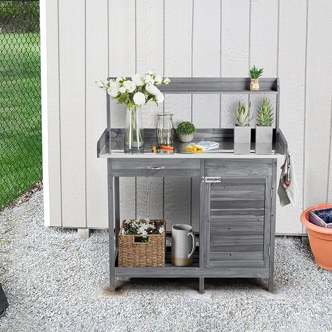 Yaheetech Outdoor Potting Bench Table, Garden Workstation w/Metal Tabletop/Ca...
