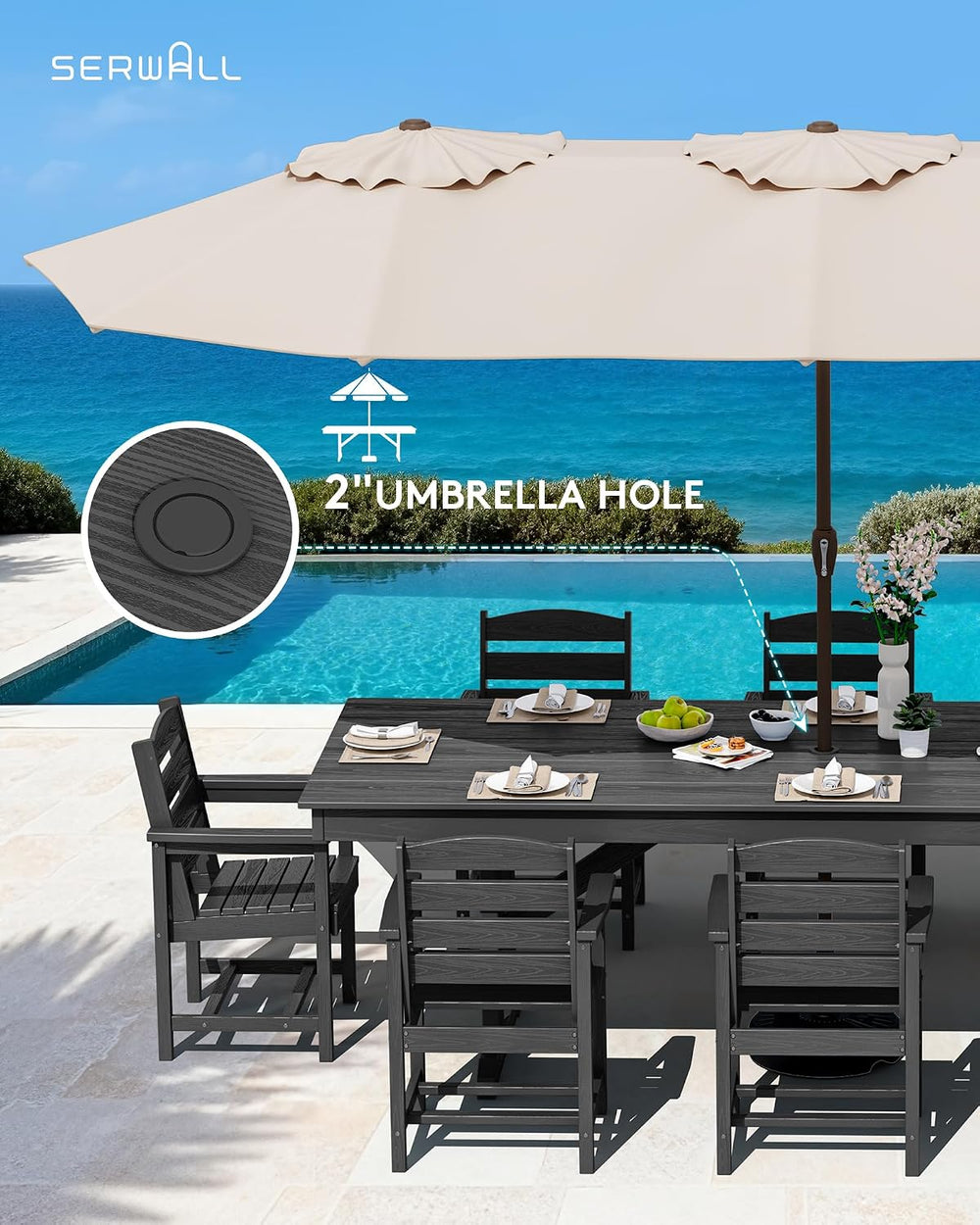 SERWALL 9Pcs 84" HDPE Outdoor Dining Set for 8 with Armchairs,Black