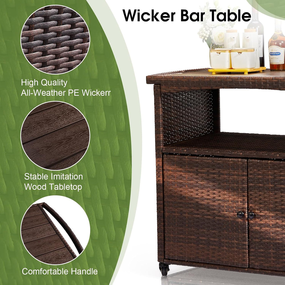 VINGLI Wicker Outdoor Bar Cart with Storage & Rolling Wheels, Patio Bar T...