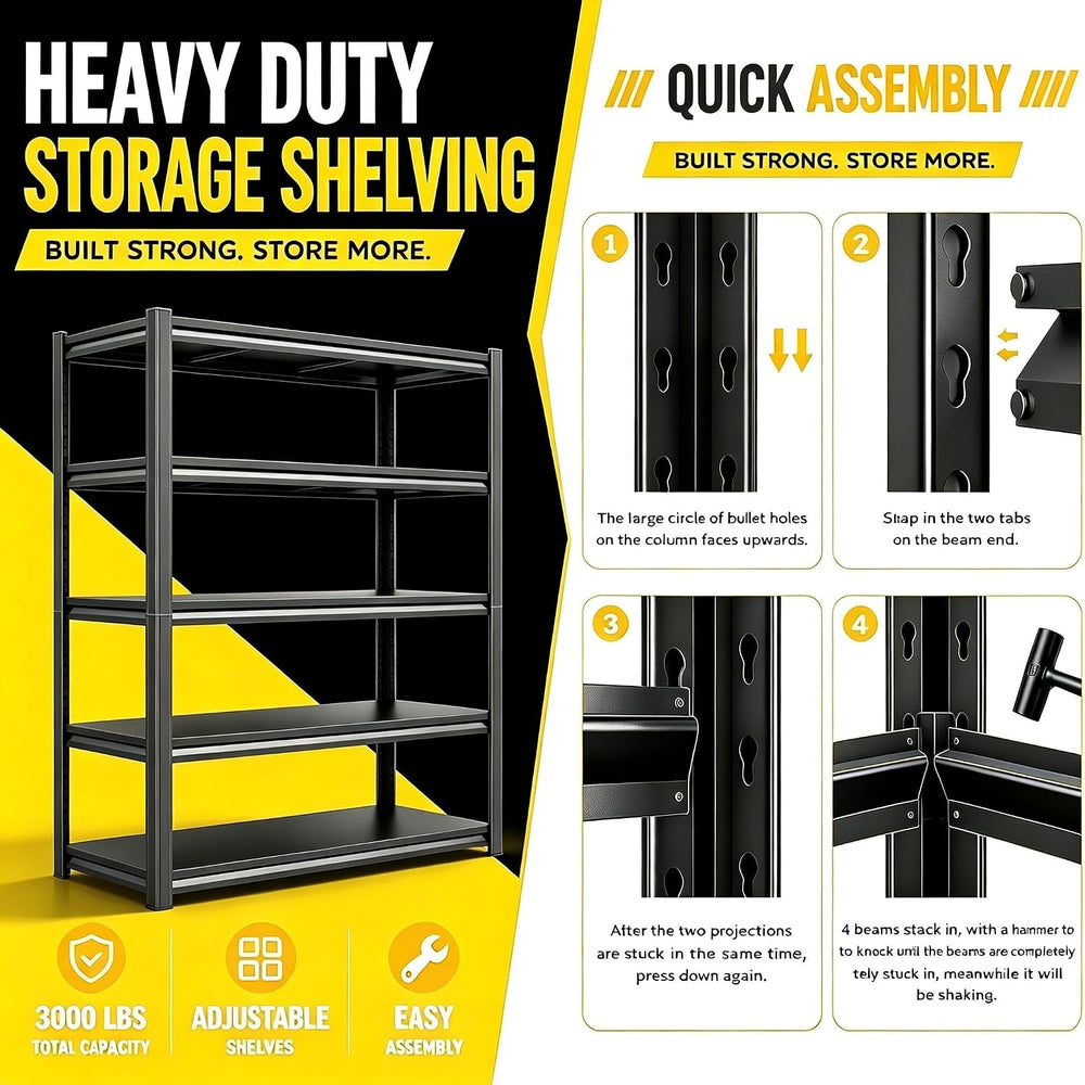 5-Tier Garage Shelving Bolt-Free Metal Shelving 40" W x 16" D x 72&...
