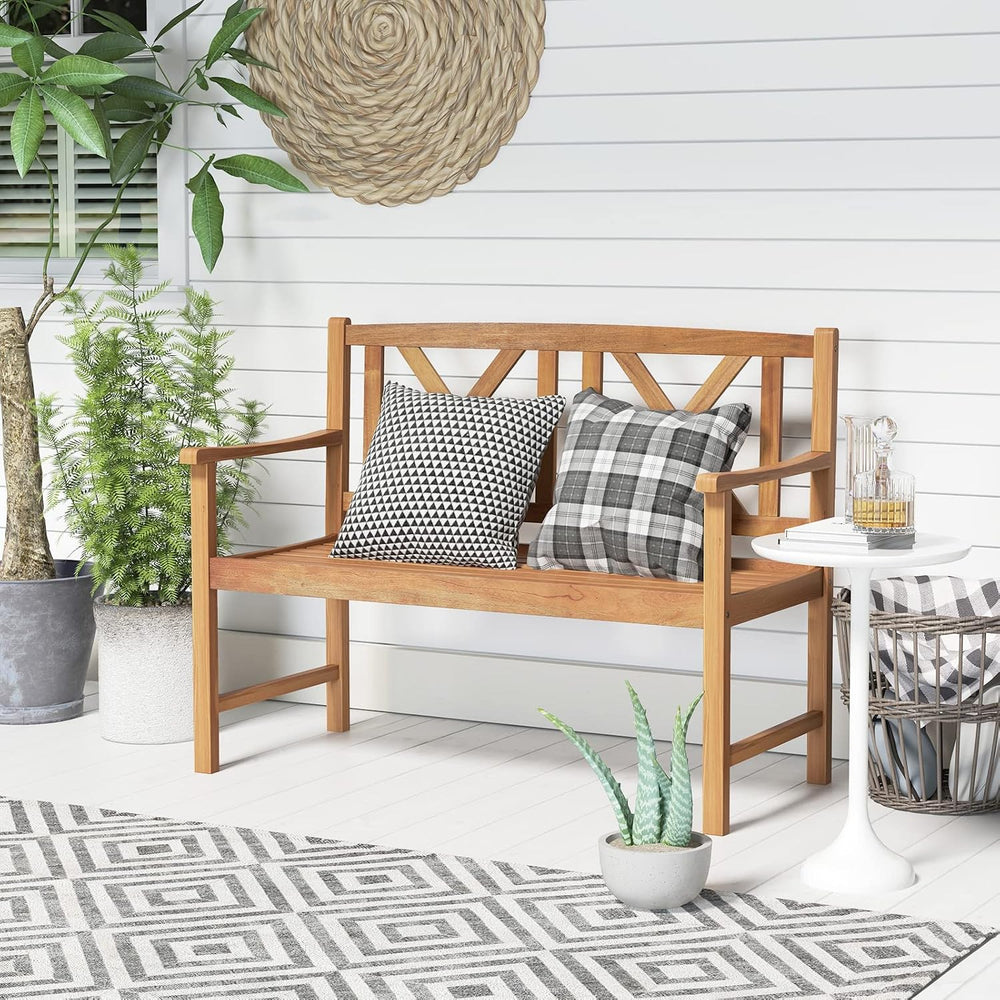 Tangkula Patio Acacia Wood Bench, 2-Person Outdoor Loveseat Chair, Cozy Armre...