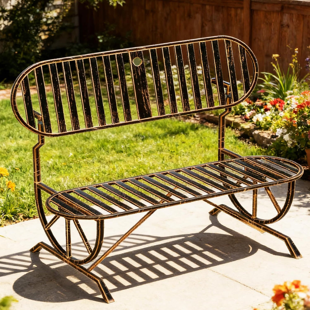 Outdoor Convertible Bench, Patio Garden Bench with Wagon Wheel Arms, Cast Iro...