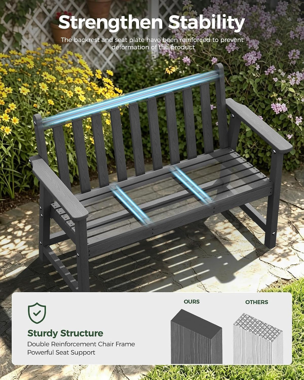 48" HDPE Weatherproof Outdoor Bench, Garden Porch Benches, Grey