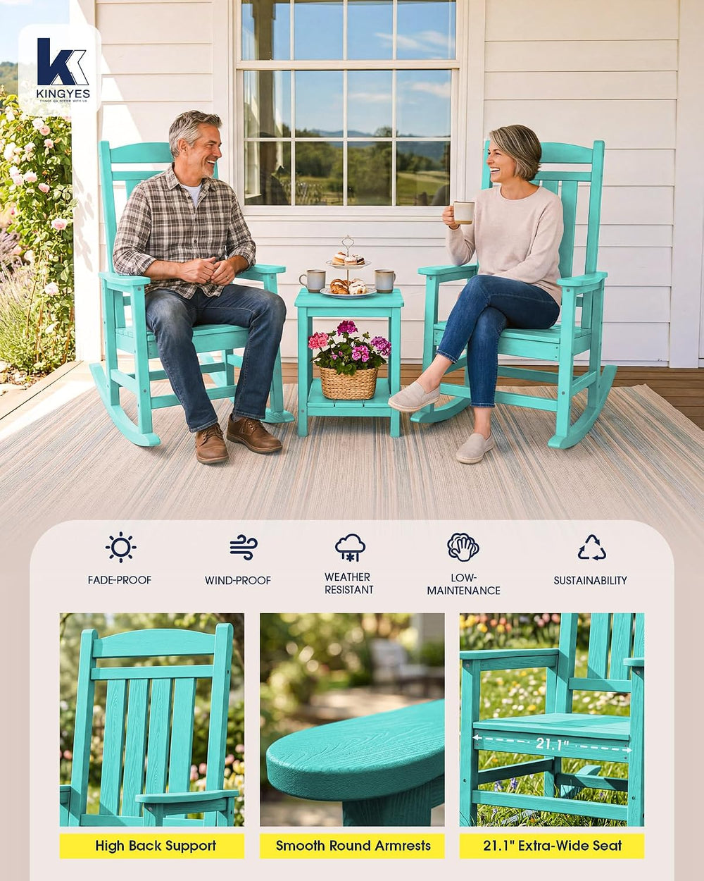 KINGYES Oversized Outdoor Rocking Chairs Set of 2, HDPE Porch Rocker, Aruba