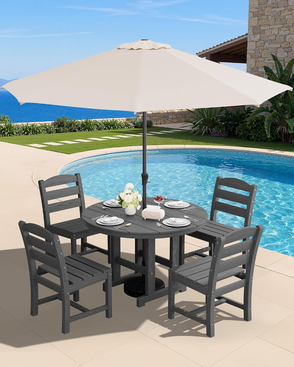 SERWALL 5-Piece Patio Dining Set, 45" Table & 4 Armless Chairs, Grey