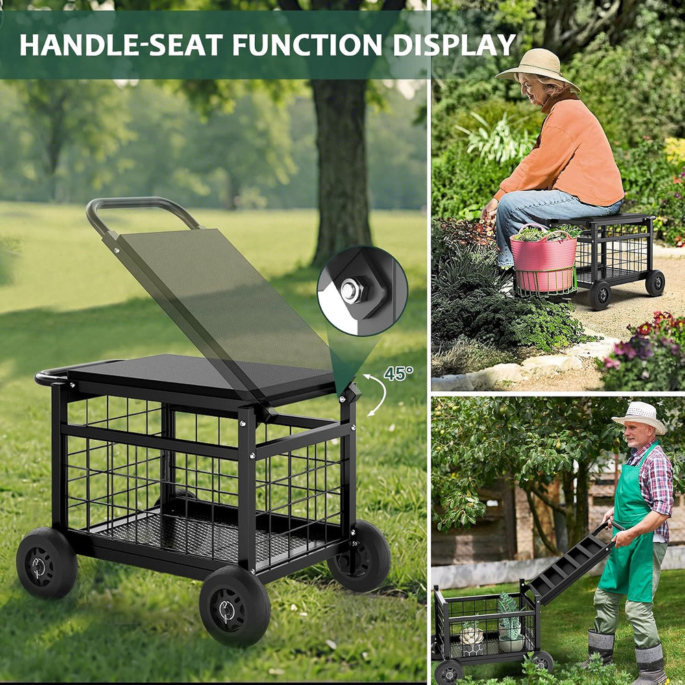 Garden Cart with Seat,3-in-1 Rolling Seat with Wheels for Gardening Seniors